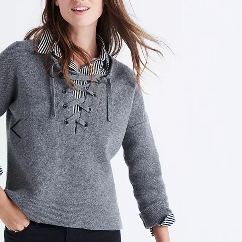 Madewell Grey Lace Up Sweater Merino Wool